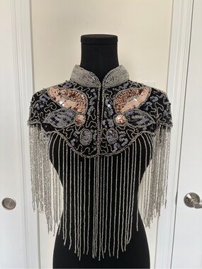 Handmade Beaded Silver Fringe Butterfly Capelet | One Size